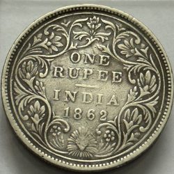 Alternative view of British India One Rupee 1862 Five Pannel With 4 Pineapple Silver Coin HIGH GRADE RARE