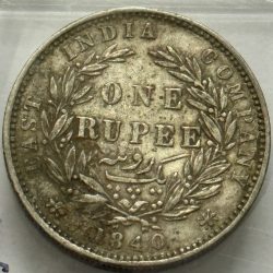 Alternative view of British India Victoria One Rupee 1840 WWB. Dot Divided Legend Madras Mint Silver Coin HIGH RARE