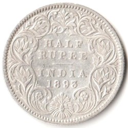 Rare Half Rupee 1893 of Calcutta Mint of Victoria Empress Collectible British India Silver Coin