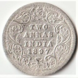 Rare Two Anna 1897 Victoria Empress of British India Small Silver Beautiful Coin