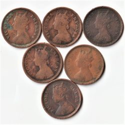 Alternative view of Rare 6 Coins Set of 1/2 Pice 1862 to 1899 Copper Coin of Victoria Empress British India Coinage
