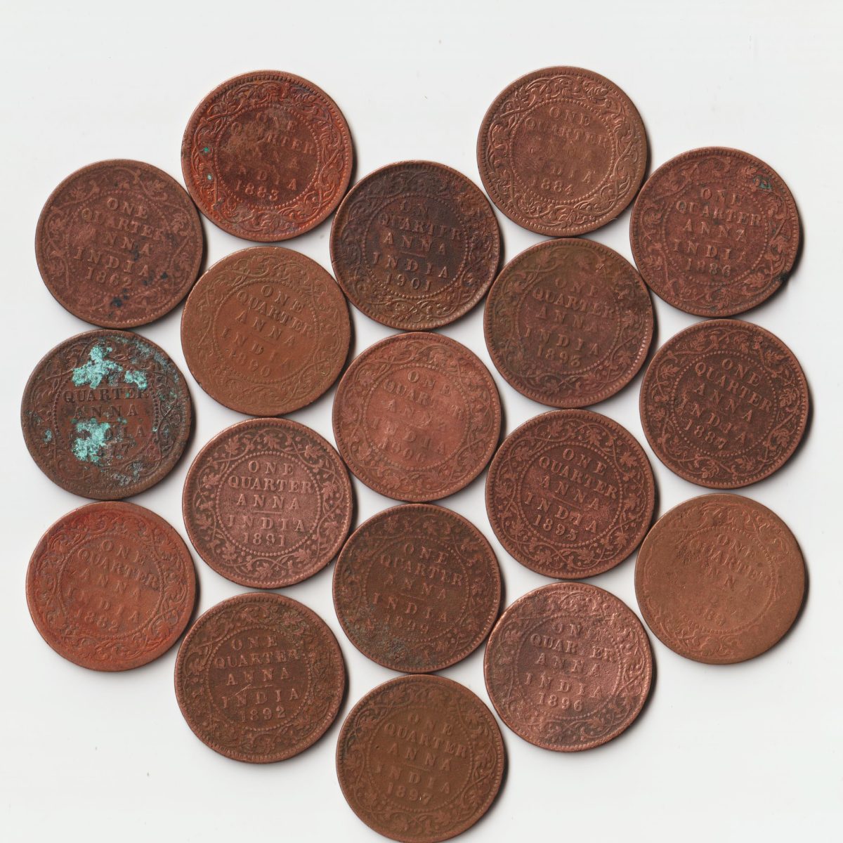 Extremely Rare and Fine 18 Coins Set of One Quarter Anna 1862 to 1901 Copper Coins Set of Queen Victoria British India Coinage