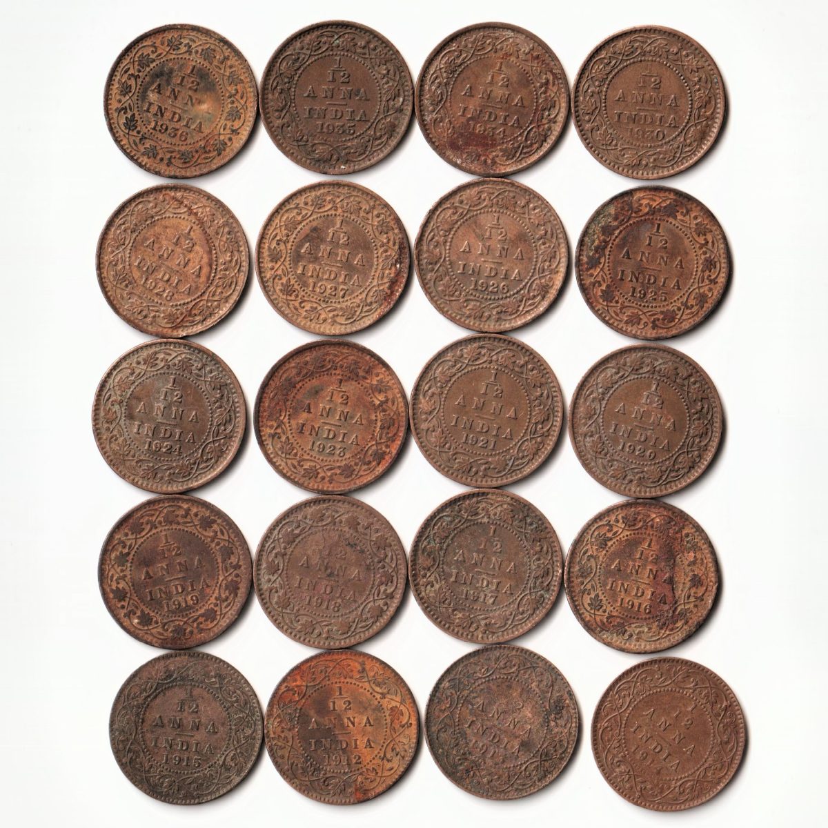 Rare 20 Coins Set of 1/12 Anna Different Years 1912 to 1955 Bronze Coins Of King George V British India Coinage