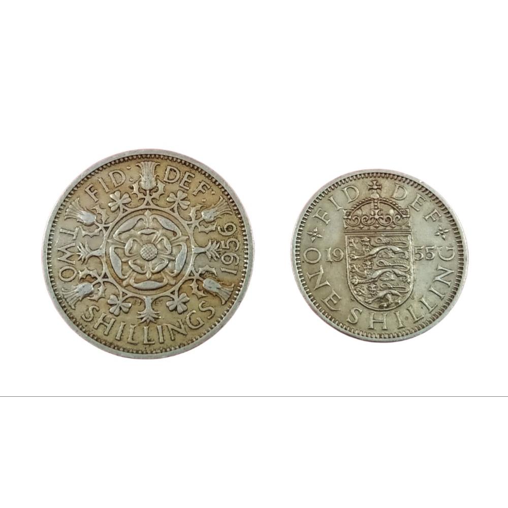 GREAT BRITAIN 1 SHILING Year 1955 & 2 SHILLINGS Years 1956 SET 2 Coins ELIZABETH-II Collectables.