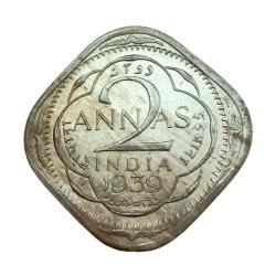 British India TWO ANNA'S Cu/Ni Year 1939 "Calcutta Mint" GEORGE-VI **V. SCARE** UNC Grade.