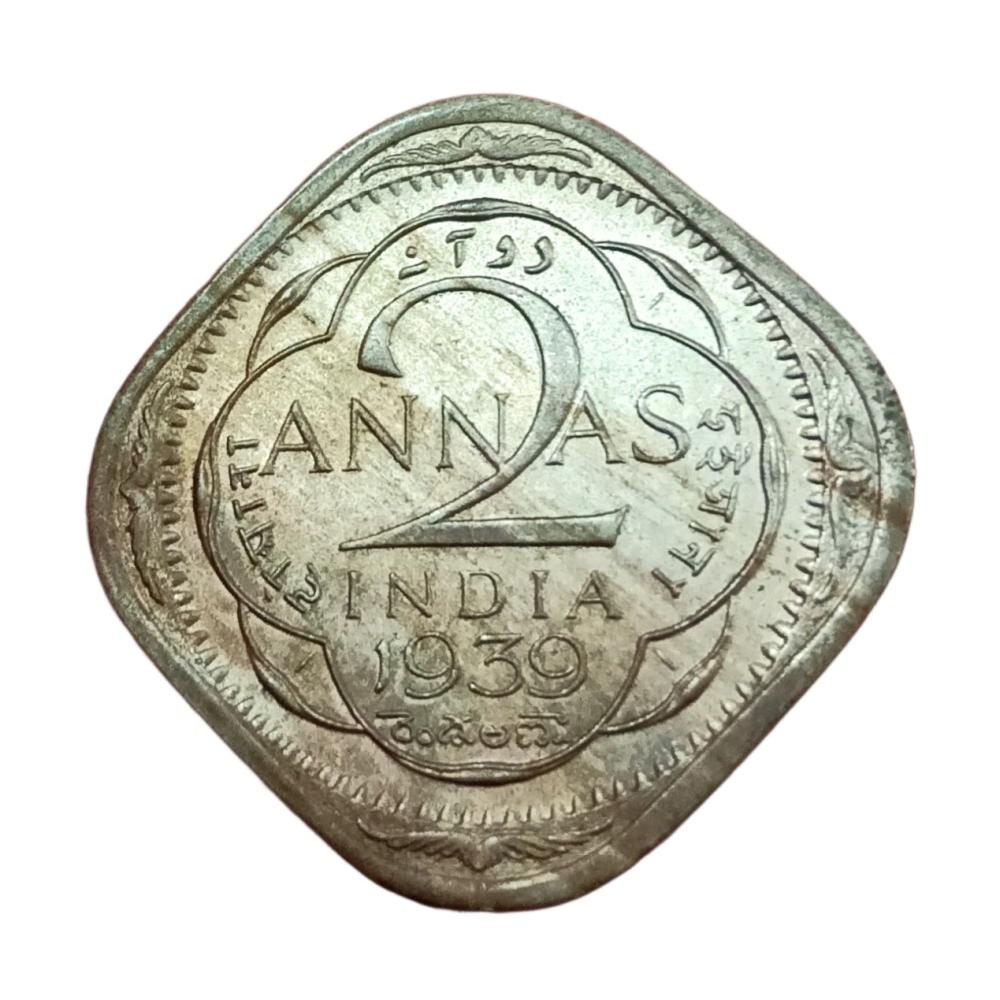 British India TWO ANNA'S Cu/Ni Year 1939 "Calcutta Mint" GEORGE-VI **V. SCARE** UNC Grade.