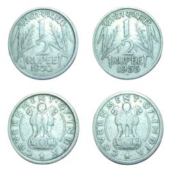 HALF 1/2 Rupee Year 1950 CALCUTTA Mint & Year 1955 BOMBAY Mint Set 2 Coins **RARE** Used Conditions.
