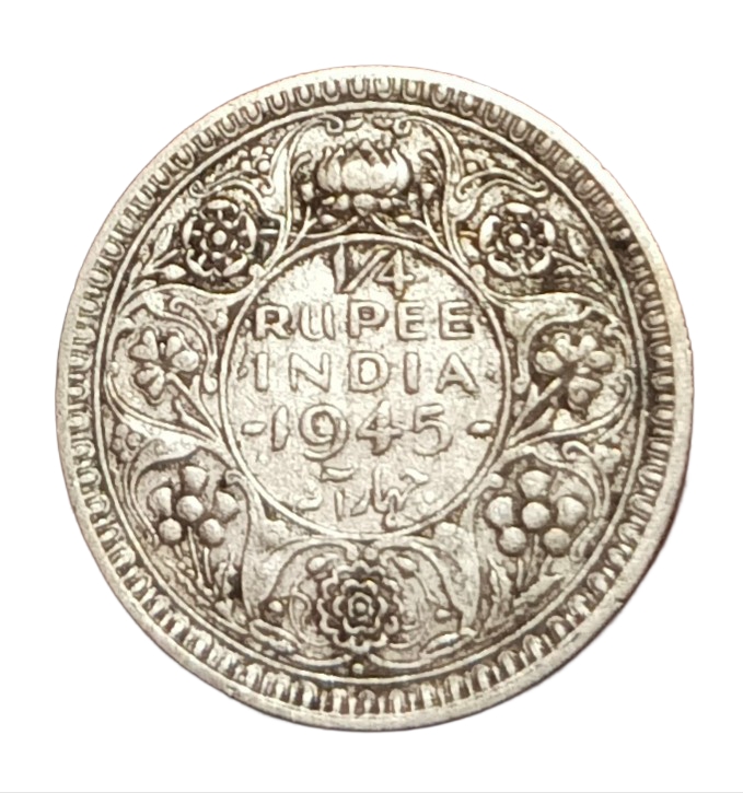 British India Silver 1/4 RUPEE Year 1945 King GEORGE-VI Used Conditions.