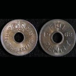 FIJI, 1 PENNY, HOLED COIN, 1954 - 1968, KM# 21, FINE CONDITION.