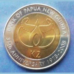 Papua New Guinea, 2 Kina, 2008, 35th Anniversary of the Central Bank, KM# 51, Bimetal, UNC Condition, May have some Black spots .