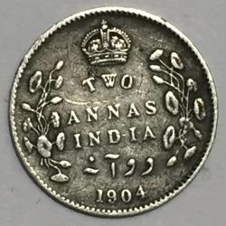 1904 EdwardII Two anna Silver Coin British India Rare Coin #8910