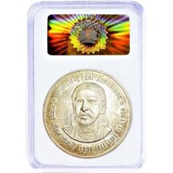Alternative view of Extremely Rare 100 Rupees Coin of Sri Aurobindo of 1998 All life is Yoga of Mumbai Mint Proof Coin PCG Graded