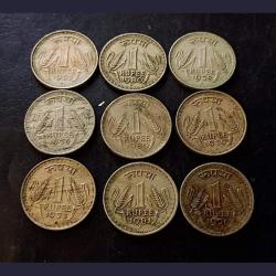 Alternative view of Rare Rare Reserve Bank of India Set of 9 pieces of ₹1 coins Denomination:₹1 Condition is as per image