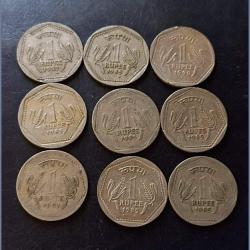 Rare Rare Reserve Bank of India Set of 9 pieces of ₹1 coins Denomination:₹1 Condition is as per image