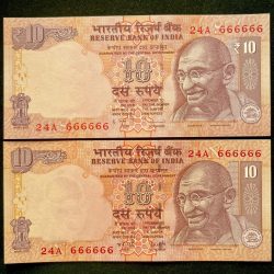 Rs 10 India Banknote TWIN SET Gem Unc Very Unique Set Solid Number 24A 666666