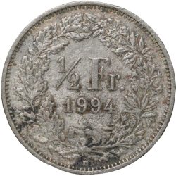 Alternative view of Copper-Nickel 1/2 Franc of Switzerland Country (AD 1994) Scarce