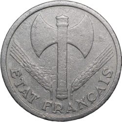 Old Aluminium 1 Franc of France (AD 1942) with Double-headed axe
