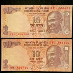 Rs 10 India Banknote TWIN SET Gem Unc Very Unique Set Solid Number 35L 666666