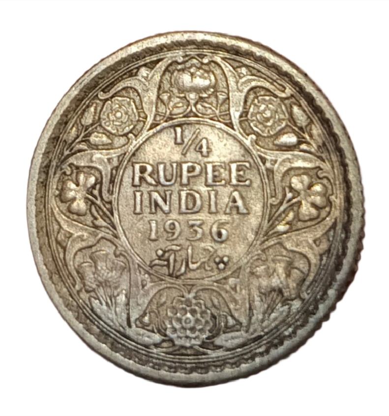 British India Silver 1/4 Rupee Year 1936 King GEORGE-V High Grade with Rainbow Toning.