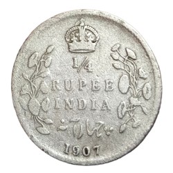British India Silver 1/4 Rupee Year 1907 King EDWARD-VII Used Condition.
