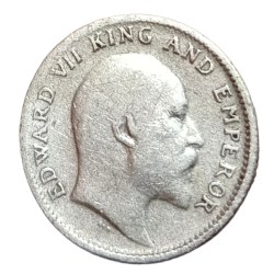 Alternative view of British India Silver 1/4 Rupee Year 1907 King EDWARD-VII Used Condition.