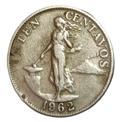 Philippines German Silver 10 Centavos Year 1962 Anvils, Cost of Arms, Hammers, Women **Scare** High Collectable Grade.