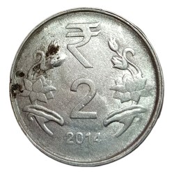 Alternative view of 2 Rupees Fss Year 2014 Calcutta Mint REVERSE SIDE BROCKAGE//LAKHI Error **V. RARE** Collectable Grade.