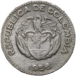 Alternative view of Old Copper-Nickel 10 Pesos of Colombia Country (AD 1956) with portrait of Indio Chief