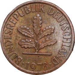 Brass 1 Pfenning of Germany (AD 1978) with Oak Sapling