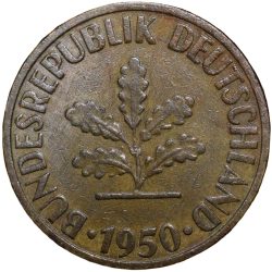 Old Brass 10 Pfennings of Germany (AD 1950) with Oak Sapling