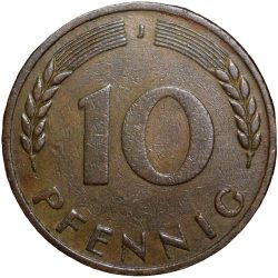 Alternative view of Old Brass 10 Pfennings of Germany (AD 1950) with Oak Sapling