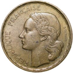 Alternative view of Old Brass 10 Francs of France Country (AD 1951) with Rooster Scarce