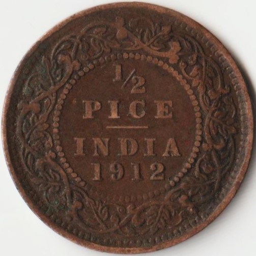 1/2 Pice 1912 Copper Coin of King George V British India Coinage