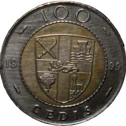 Alternative view of Bi-Metallic 100 Cedis of Ghana Country (AD 1999) with Cocoa Plants