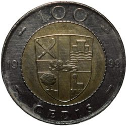 Alternative view of Bi-Metallic 100 Cedis of Ghana Country (AD 1999) with Cocoa Plants