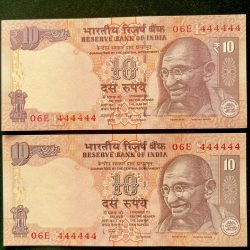 Rs 10 India Banknote TWIN SET Gem Unc Very Unique Set Solid Number 06E 444444