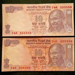 Rs 10 India Banknote TWIN SET Gem Unc Very Unique Set Solid Number 74R 555555