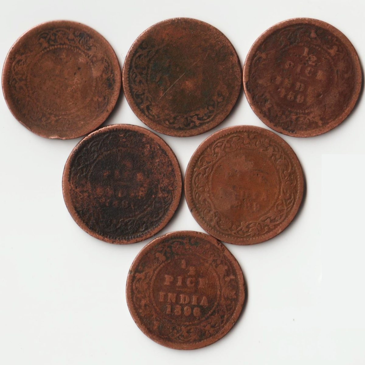 6 Coins Set of 1/2 Pice Different Dates Low Grade Copper Coin of Victoria Empress British India Coinage