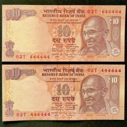 Rs 10 India Banknote TWIN SET Gem Unc Very Unique Set Solid Number 02T 444444
