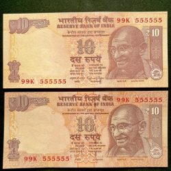 Rs 10 India Banknote TWIN SET Gem Unc Very Unique Set Solid Number 99K 555555