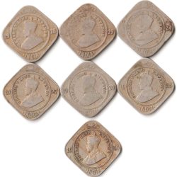 7 Coins Set of Two Annas 1918-1936 Copper-Nickel Coin of King George V British India Coinage