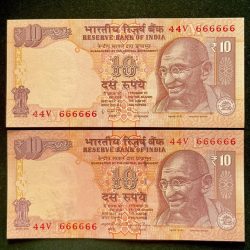 Rs 10 India Banknote TWIN SET Gem Unc Very Unique Set Solid Number 44V 666666