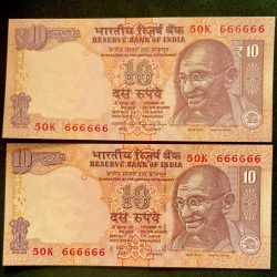 Rs 10 India Banknote Twin Set Gem Unc Very Unique Set Solid Number 50K 666666