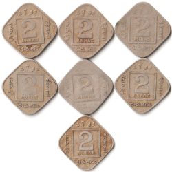 7 Coins Set of Two Annas 1918-1936 Copper-Nickel Coin of King George V British India Coinage