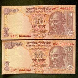 Rs 10 India Banknote Twin Set Gem Unc Very Unique Set Solid Number 26T 666666