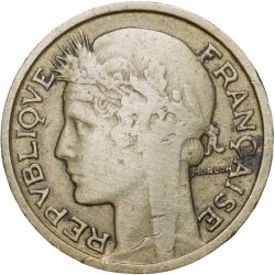 Alternative view of Old Brass 50 Centimes of France Country (AD 1933) with Marianne's head left