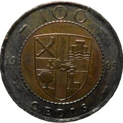 Bi-Metallic 100 Cedis of Ghana Country (AD 1999) with Cocoa Plants