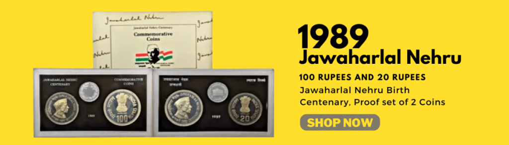 1989, Jawaharlal Nehru Birth Centenary, Proof set of 2 Coins, 100 Rupees and 20 Rupees, Bombay mint,…