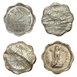 2 NAYE PAISE Cu/Ni Year 1963 OBVERSE and REVERSE Side SPLIT PLANCHET UNIFACE Error SET 2 Coins **V. RARE** High AUNC Grade.