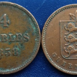 Guernsey, 4 Doubles, 1858, KM #2, Circulated Condition.